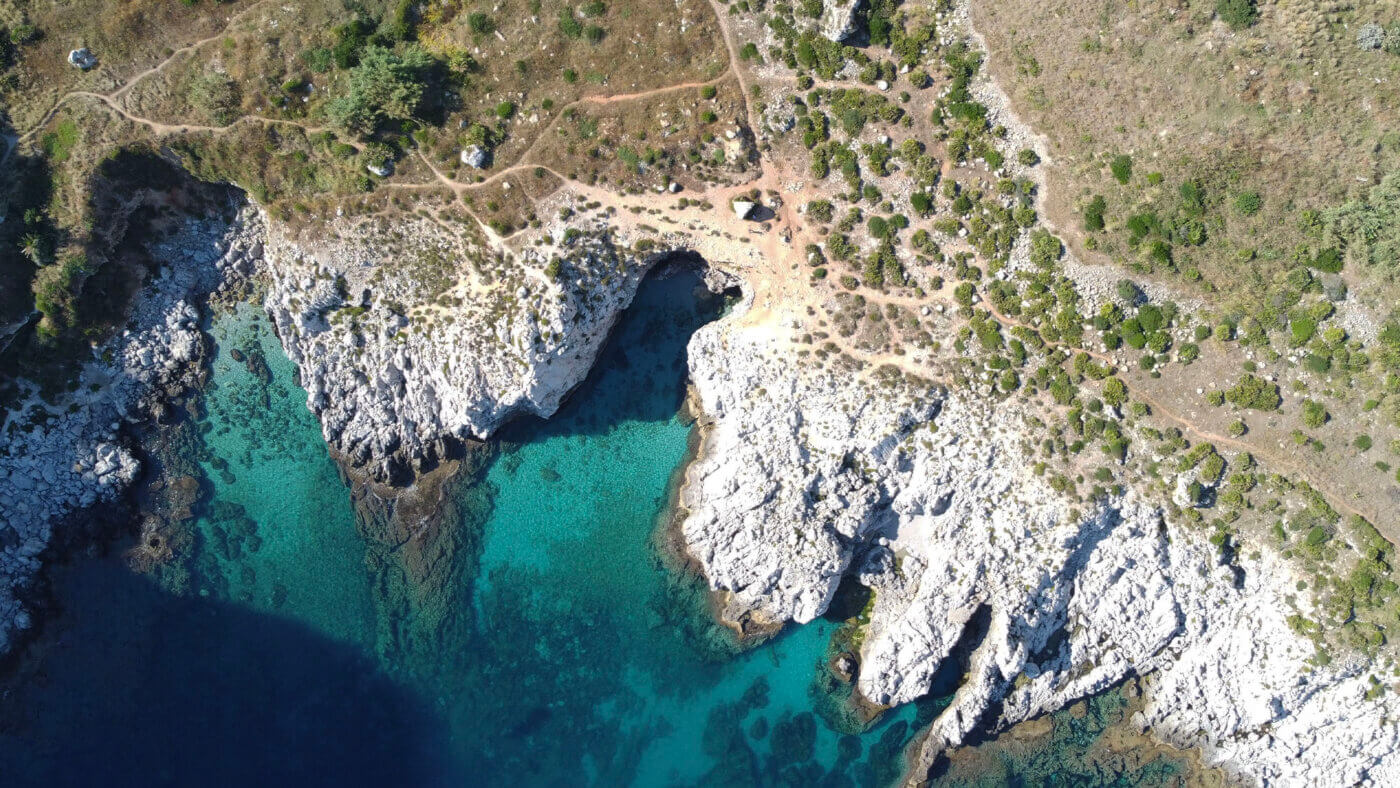 Aerial view of Tre Piscine Cala del Cuore, Three Pools Cove of the Heart, Sicily